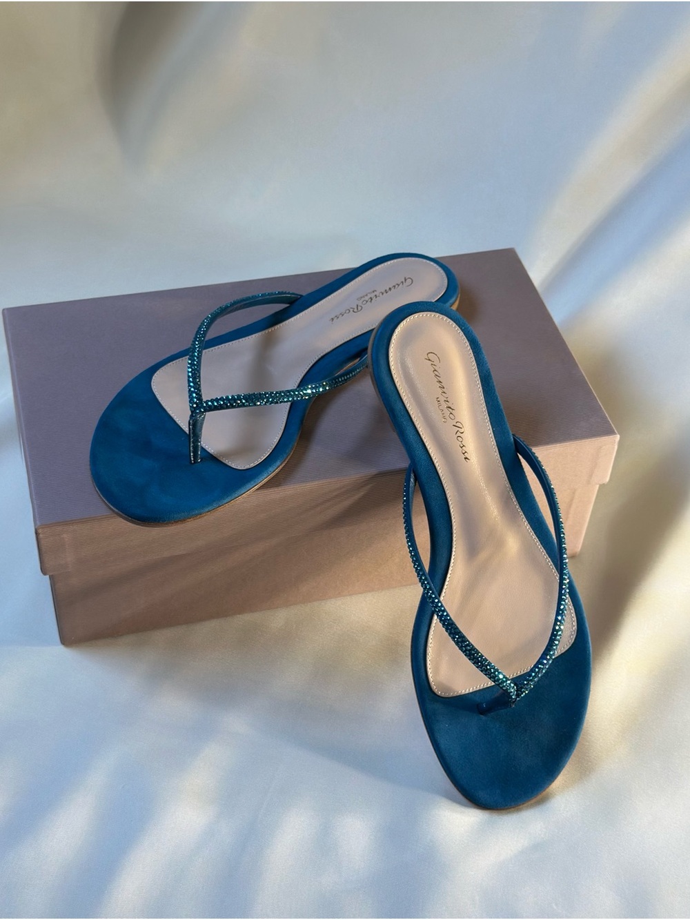 Gianvito Rossi Teal Suede Crystal-Embellished Thong Mules Size 39.5 NWT - Picture 2 of 7